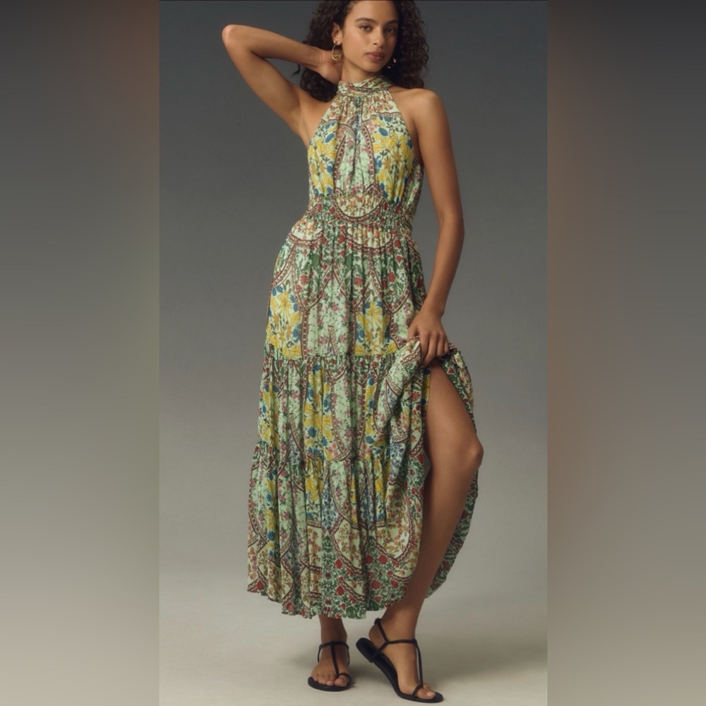Anthropologie The Somerset Maxi Dress halter ed, boho patchwork floral chiffon